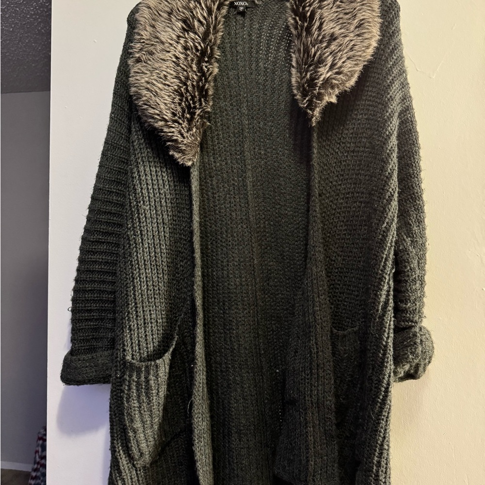 XOXO Charcoal Cardigan with Faux Fur Collar